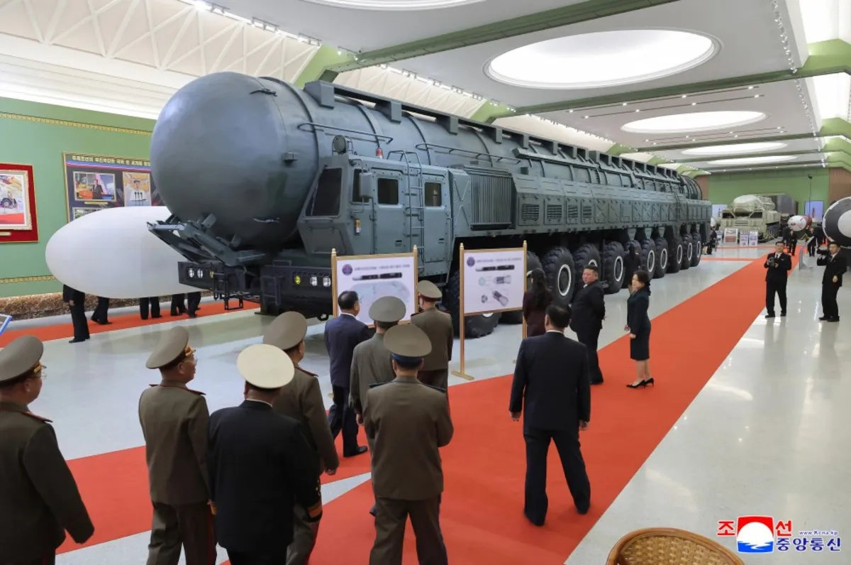 An image published by North Korean state media on Tuesday, appearing to show the country's supreme leader, Kim Jong Un, touring a new defense museum in North Korea on Sunday. Analysts say the Hwasong-20 intercontinental ballistic missile (ICBM) can be seen in the photos.