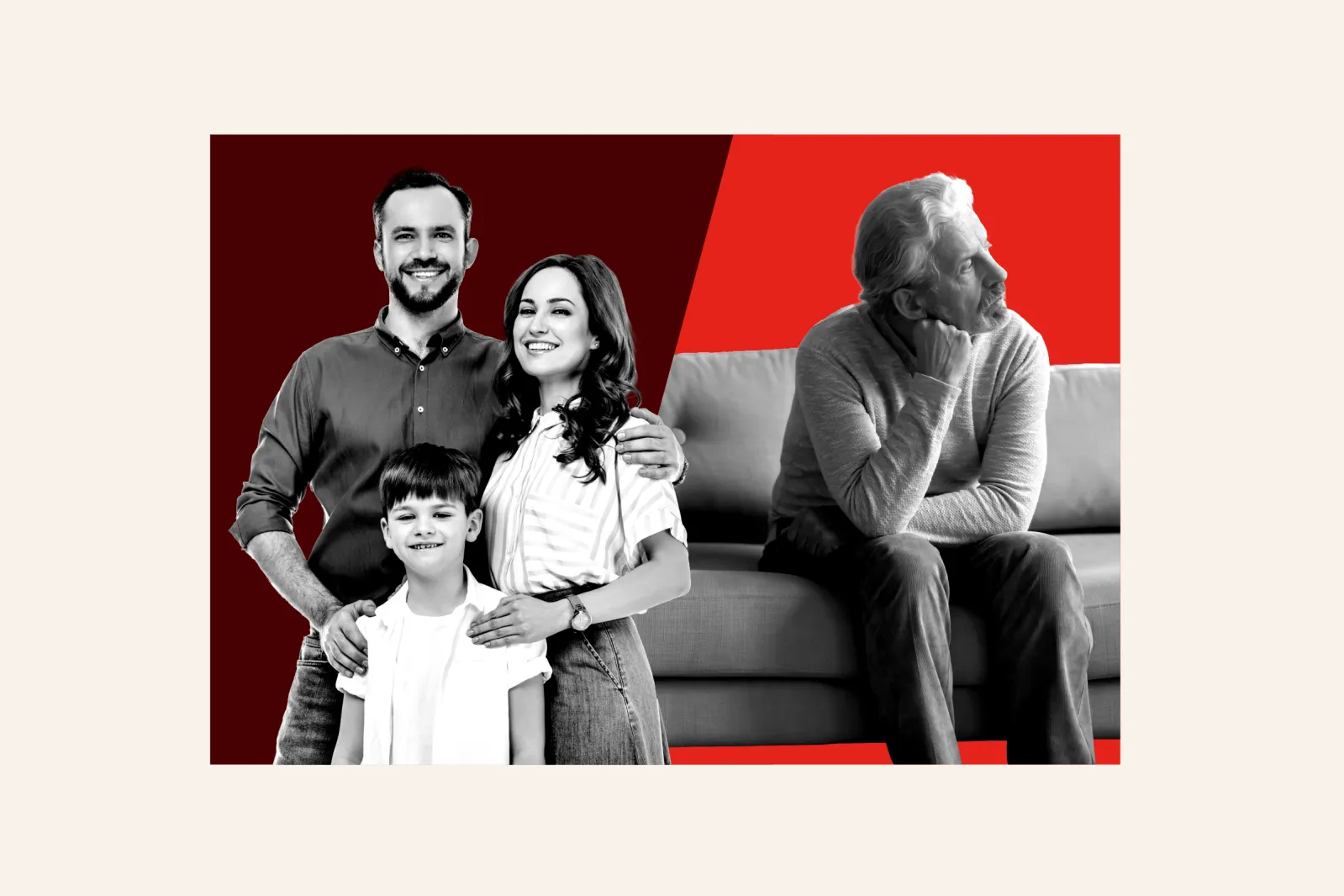 An illustration of a young family and an older adult.
