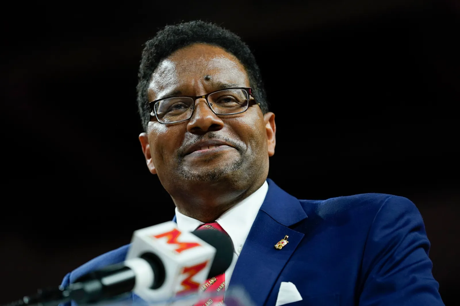 University of Maryland President Darryll Pines speaks during a news conference announcing Kevin Willard as coach of the Maryland men's NCAA college basketball team on March 22, 2022, in College Park, Maryland.