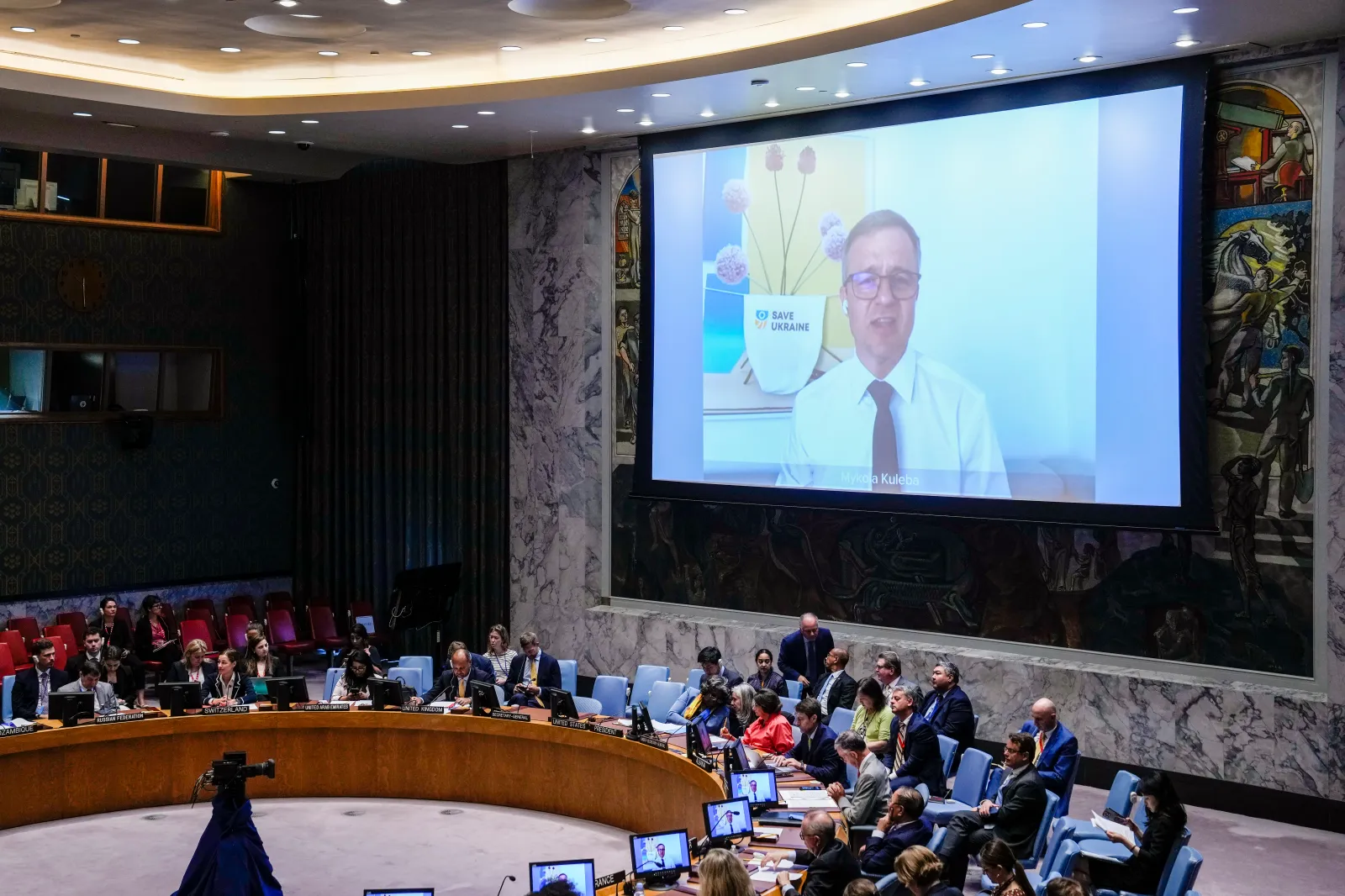 Mykola Kuleba, Ukrainian politician and CEO of Save Ukraine, speaks via video call during a meeting of the United Nations Security Council to discuss the war in