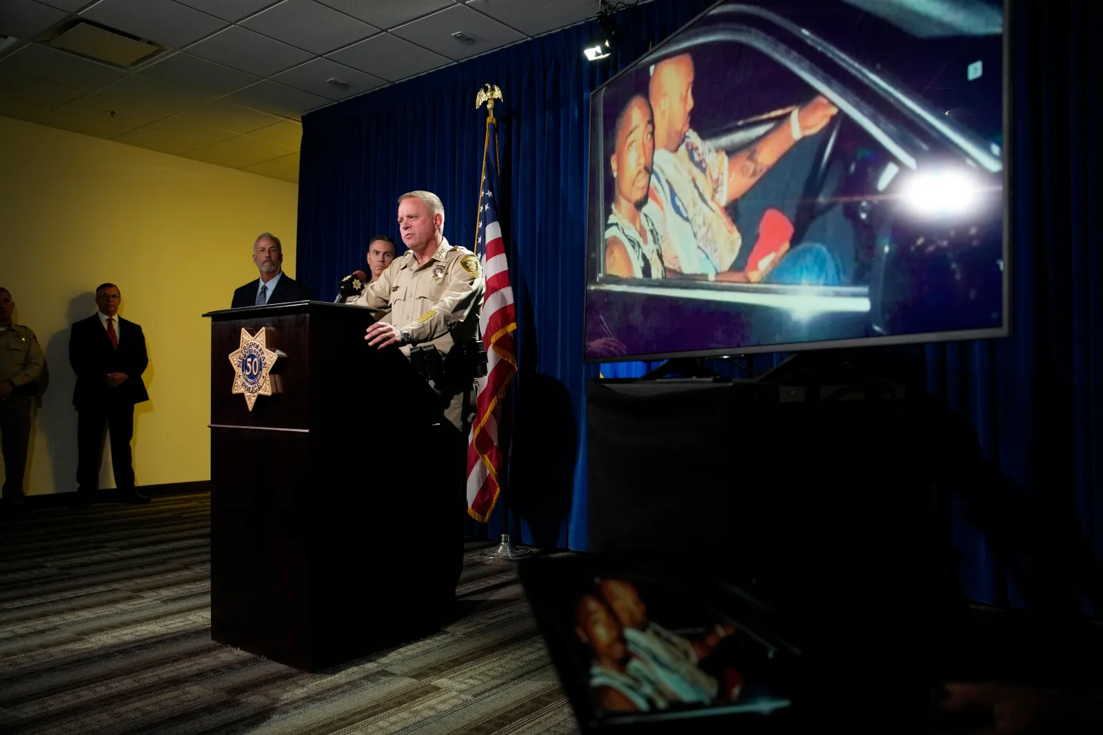 Las Vegas Sheriff Kevin McMahill speaks during a news conference on an indictment in the 1996 killing of rapper Tupac Shakur, on September 29, 2023, in Las Vegas. (AP Photo/John Locher, File)