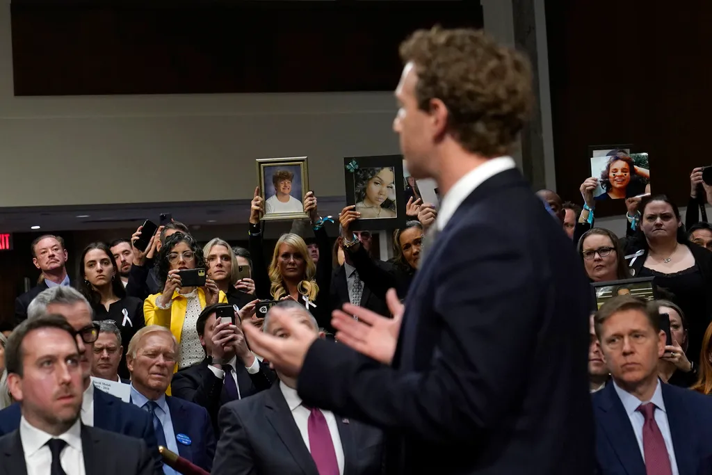Meta CEO Mark Zuckerberg turns to address the audience during a Senate Judiciary Committee hearing on Capitol Hill in Washington, D.C., on January 31, 2024, to discuss child safety. (AP Photo/Susan Walsh)