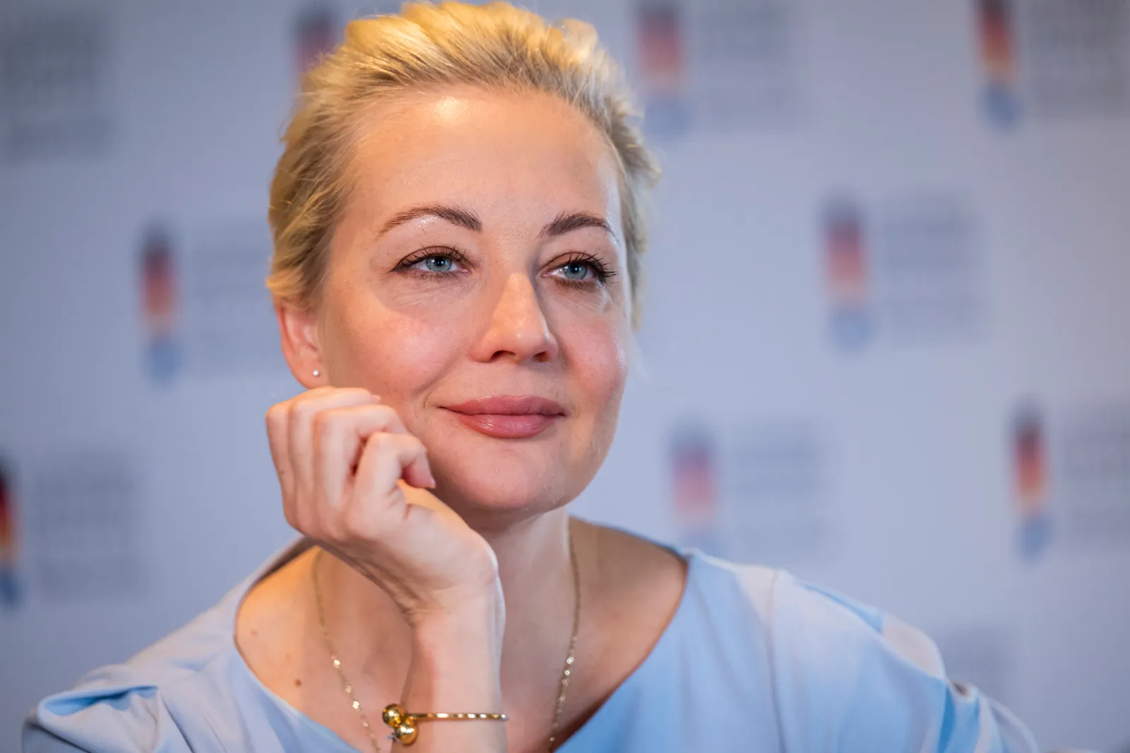 Yulia Navalnaya, widow of Alexei Navalny, is pictured during an interview with the German Press Agency on the sidelines of the Ludwig Erhard Summit on April 19,