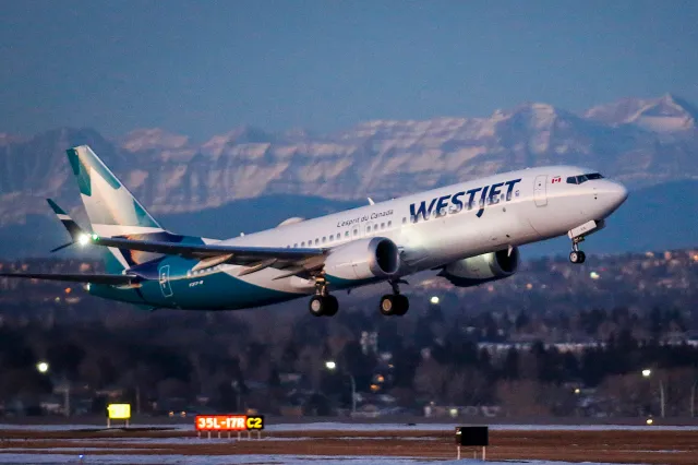 A WestJet airplane takes off from Calgary, Canada, on January 21, 2021.