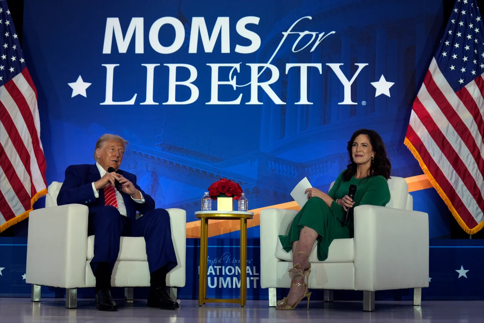 President Donald Trump speaks with Moms for Liberty co-founder Tiffany Justice at the group's annual convention on August 30, 2024.