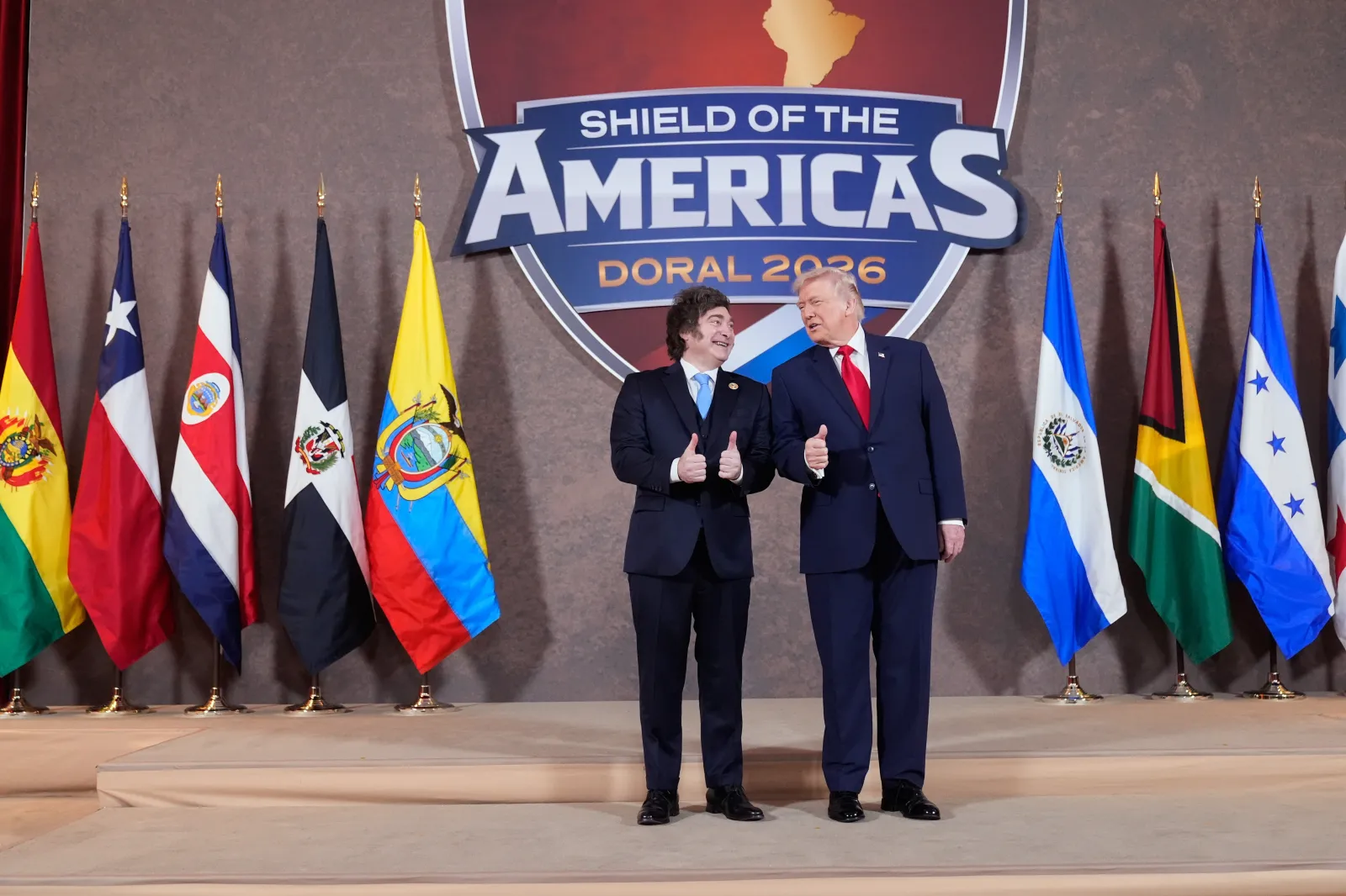 Donald Trump (R) poses with Javier Milei at the Shield of the Americas Summit, on March 7, at Trump National Doral Miami.
