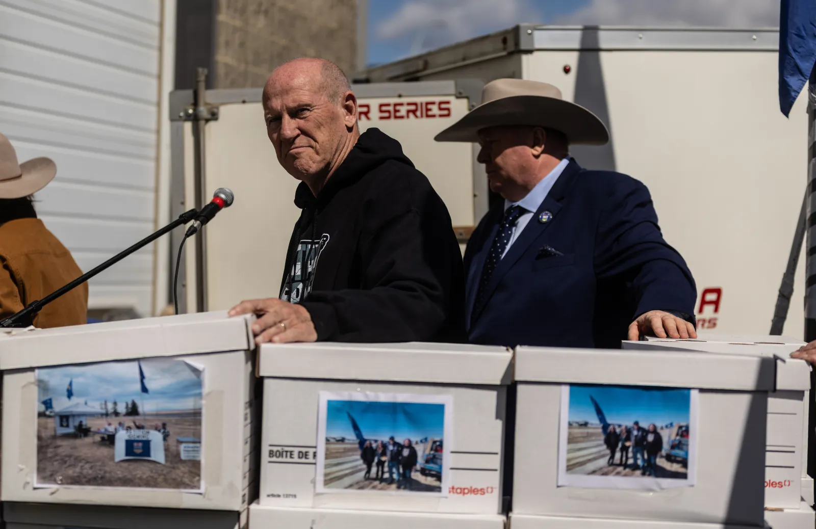 Mitch Sylvestre, who leads the Alberta Prosperity Project, prepares to submit signatures for a separation referendum to Elections Alberta in Edmonton on May 4.