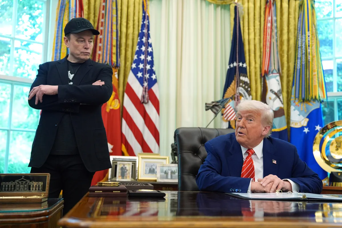 President Donald Trump, right, speaks during a news conference with Elon Musk in the Oval Office of the White House in Washington, D.C., on May 30, 2025.