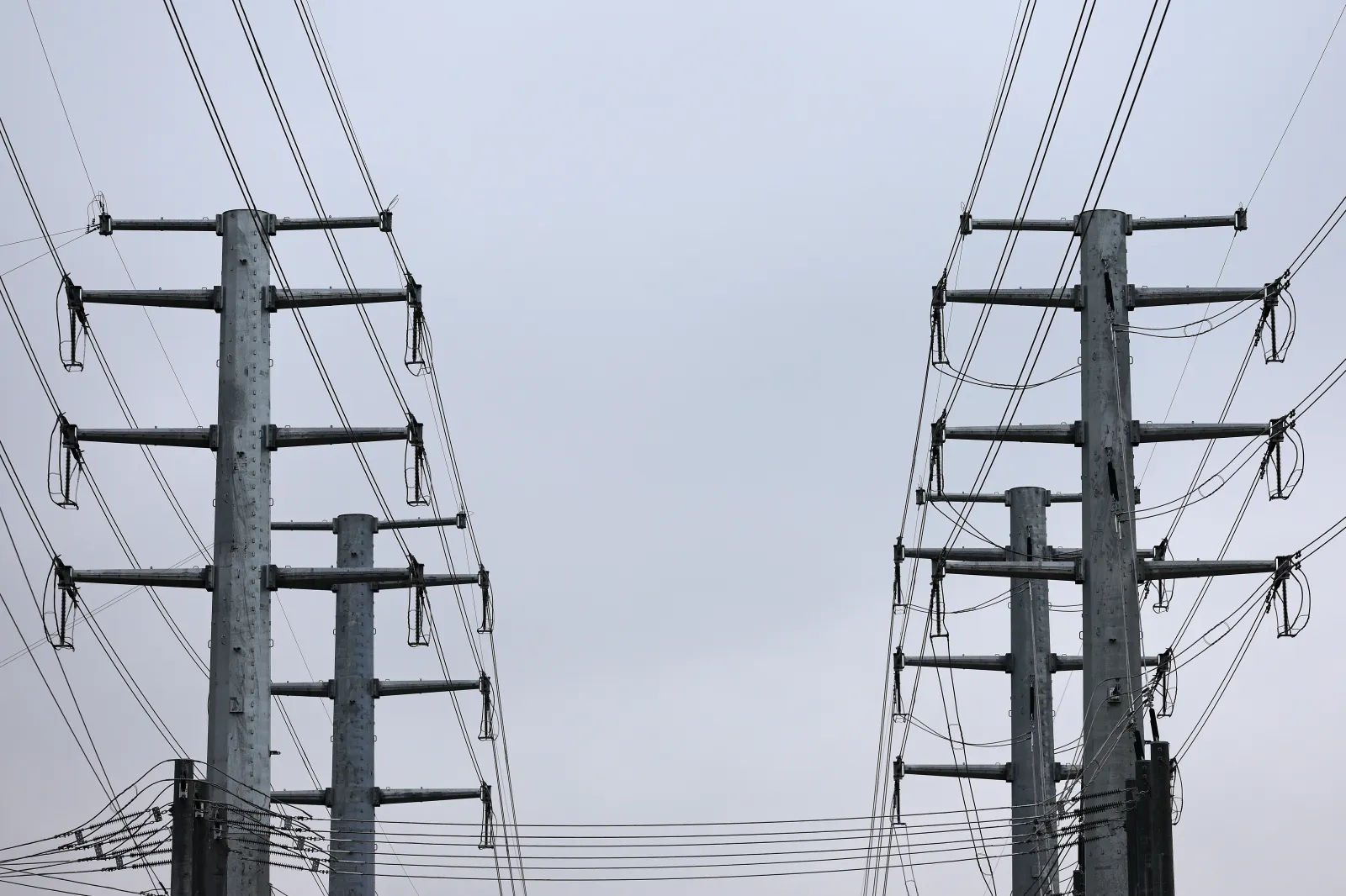 A general view of overhead power lines that are part of an electrical substation tied into the Texas power grid, Thursday, May 7, 2026, in Houston.