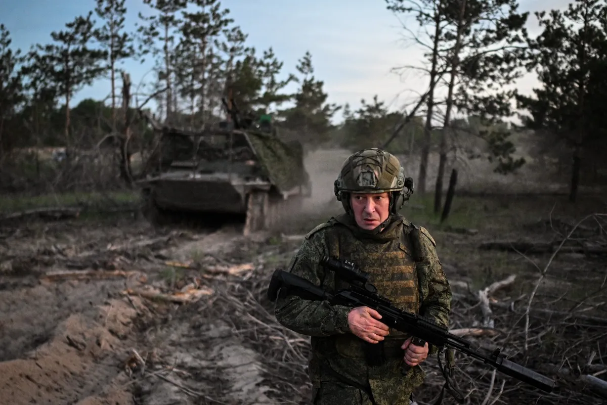 A Russian serviceman of the Zapad (West) Group of Forces is seen at an air observation post in the Lyman sector of the front line on May 14, 2026. This image was provided to AP directly by a third party and could not be independently verified.