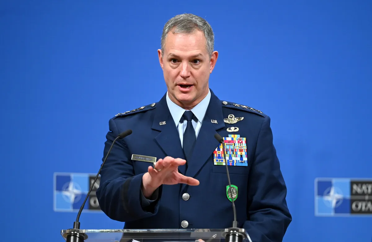 General Alexus Grynkewich, Supreme Allied Commander of the NATO Forces in Europe (SACEUR), speaks during the NATO Military Committee meeting on May 19, 2026, in Brussels, Belgium.