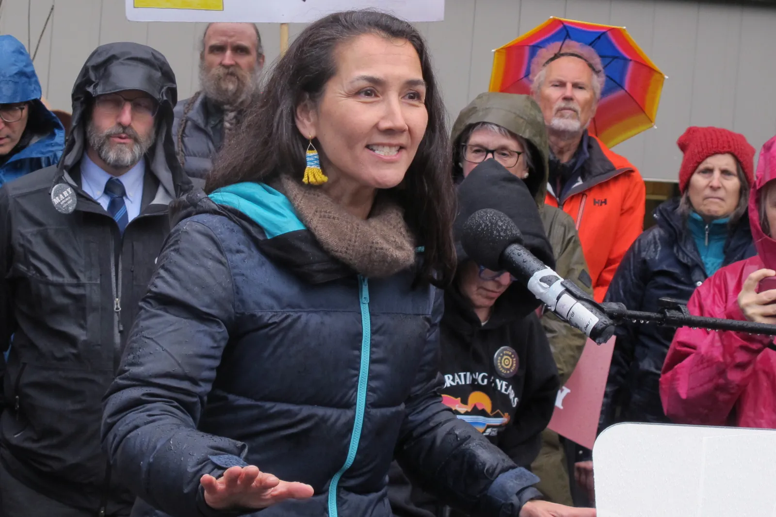 Alaska U.S. Senate candidate Mary Peltola, a Democrat, speaks during a campaign rally on May 14 in Juneau.