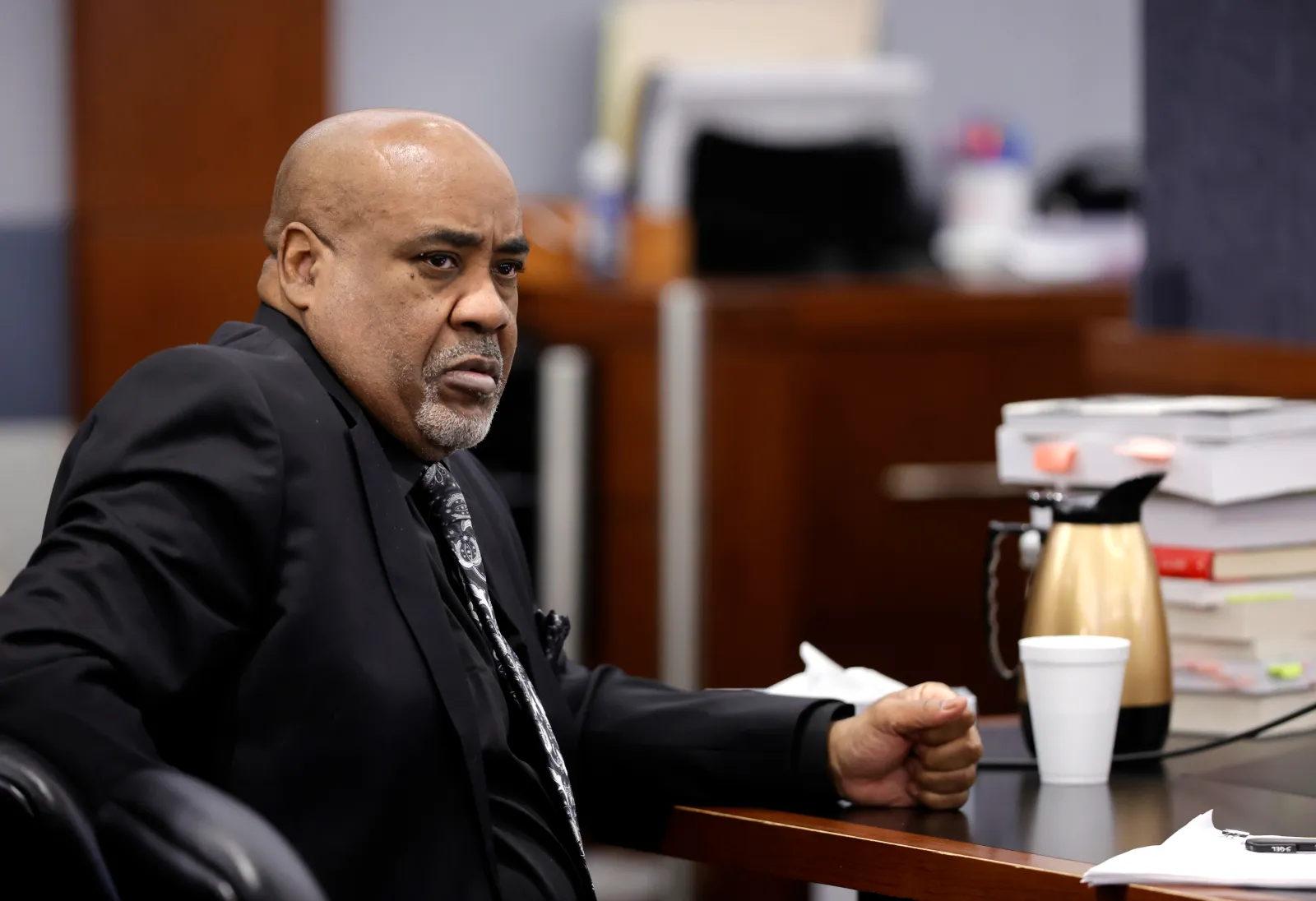Duane Davis sits at the defense table during a break in closing arguments during his murder trial, related to the 1996 killing of rapper Tupac Shakur, in Clark County District Court at the Regional Justice Center in Las Vegas on August 31, 2026. (Steve Marcus/Pool Photo via AP)