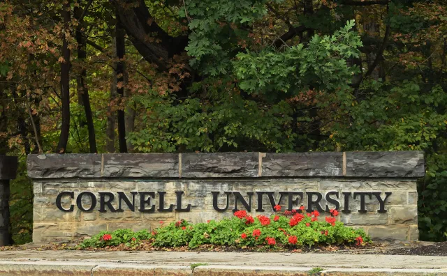A Cornell University sign stands in Ithaca, New York, on September 28.