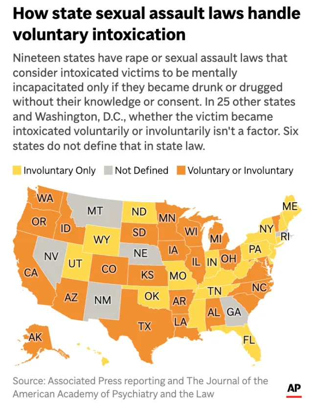 The map above shows how U.S. states' sexual assault laws handle voluntary intoxication.