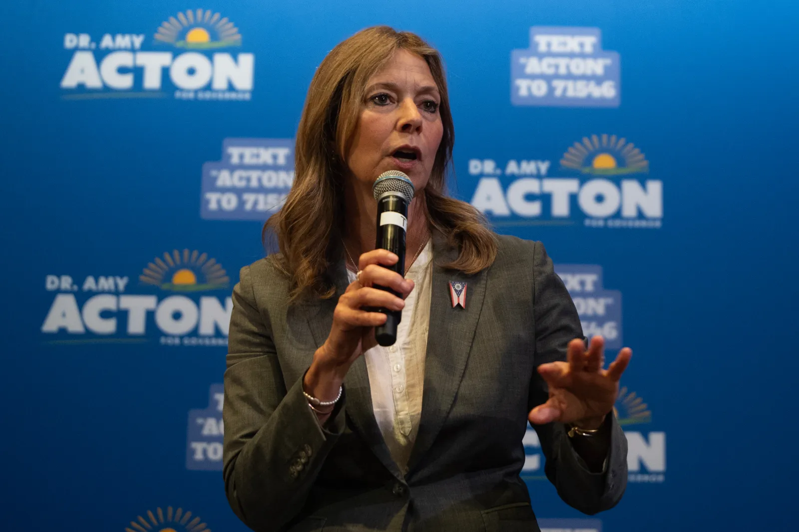 Ohio Democratic gubernatorial candidate Dr. Amy Acton speaks during a campaign event at Ohio University in Athens, Ohio, on September 17, 2026.