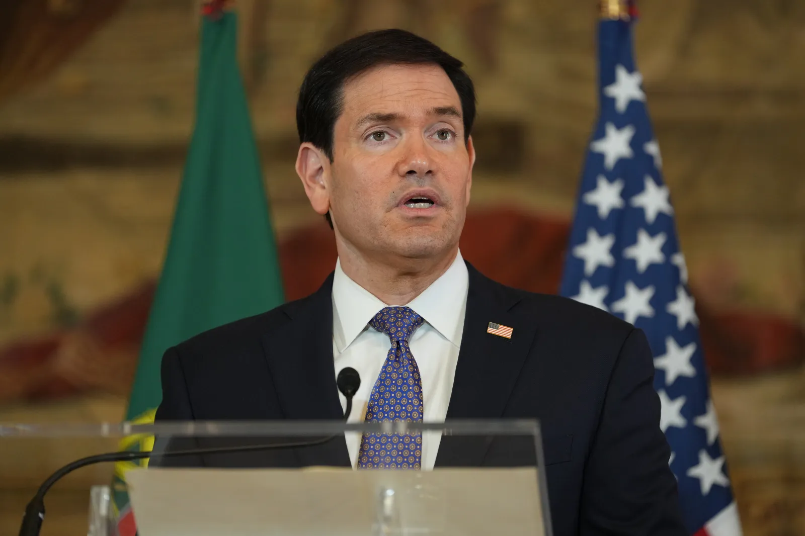 Secretary of State Marco Rubio speaking at the Portuguese Foreign Ministry in Lisbon on October 8.