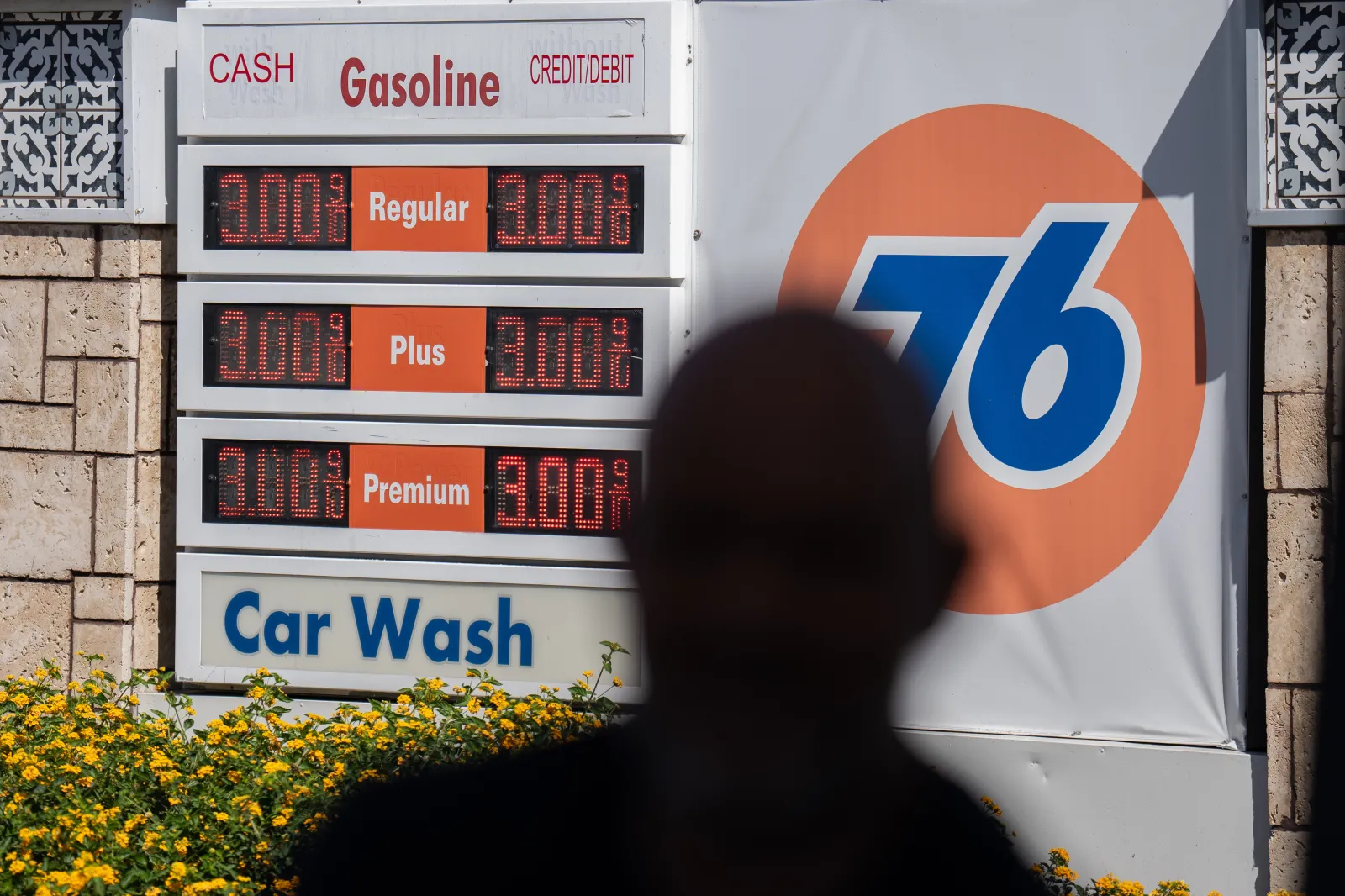 Gas prices are seen as Republican gubernatorial candidate Steve Hilton pumps gas on campaign, Los Angeles, October 9, 2026.