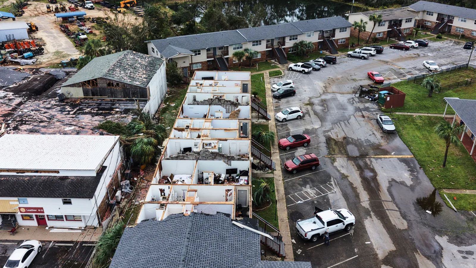 An apartment complex that had its roof ripped off is seen in the aftermath of Hurricane Isaias in Milton, Florida, October 10, 2026.