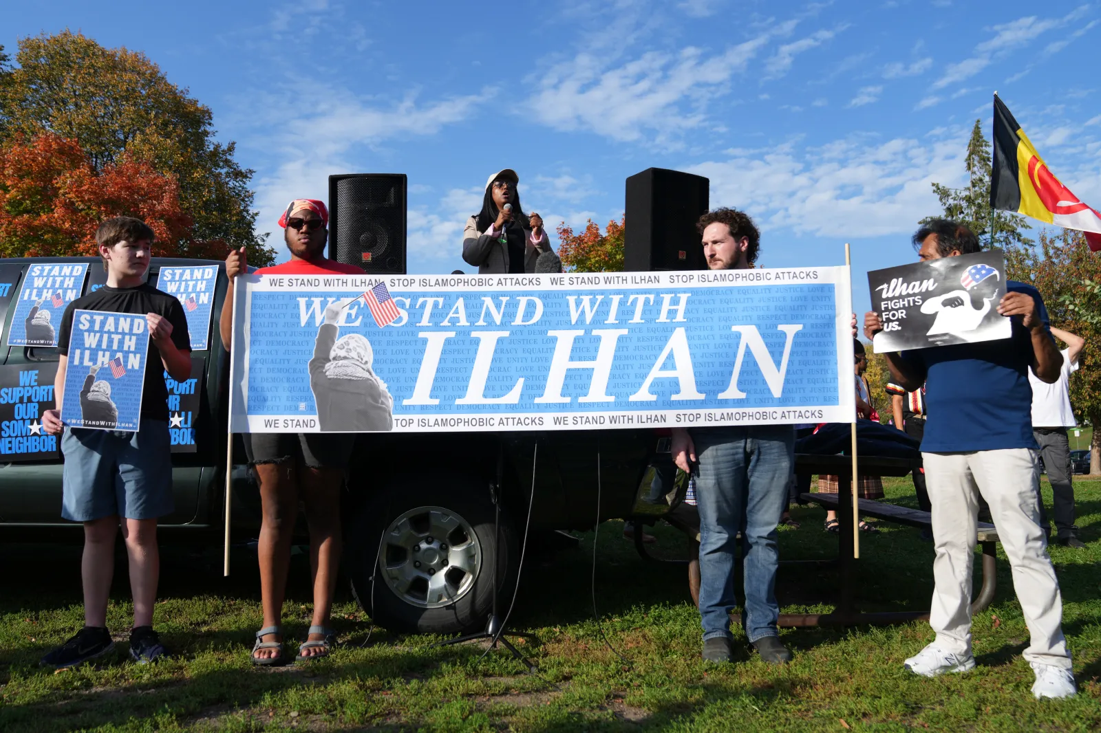 Community members rally in support of Democratic Congresswoman Ilhan Omar on Monday at Powderhorn Park in Minneapolis, Minnesota. (AP Photo/Ellen Schmidt)