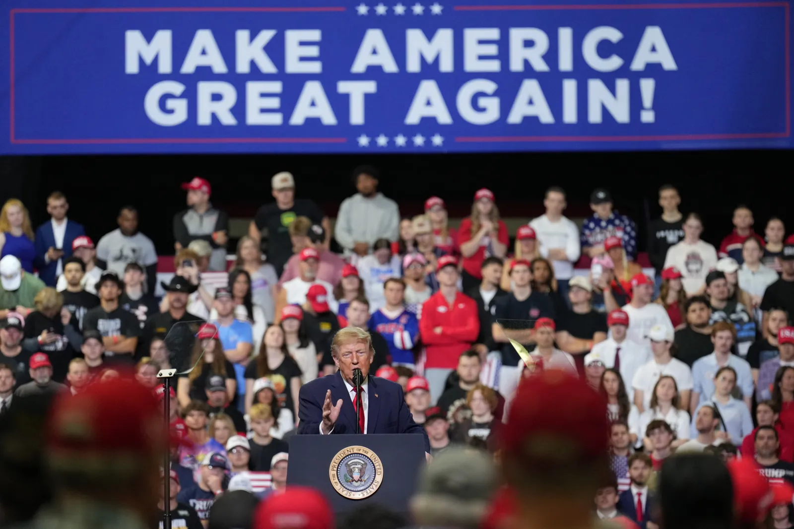 President Donald Trump speaks at a campaign rally at the Covelli Centre in Youngstown, Ohio, on Monday. (AP Photo/Jacquelyn Martin)