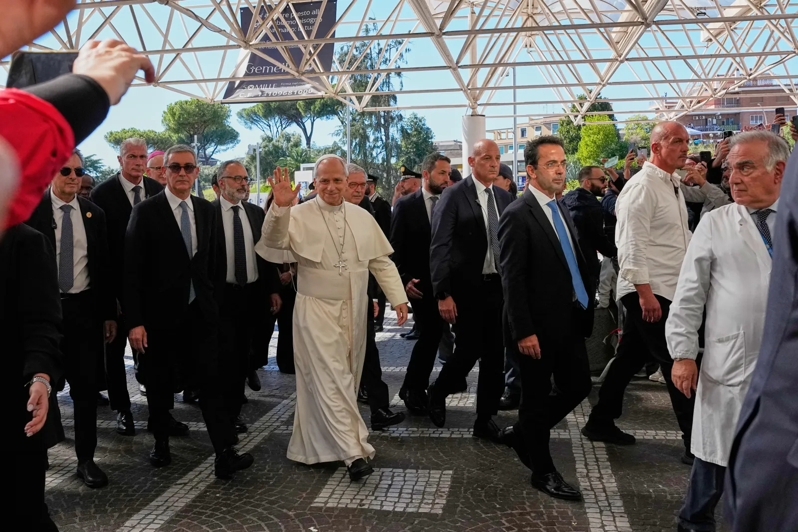 Pope Leo XIV arrives at the Agostino Gemelli Polyclinic in Rome on Tuesday. (AP Photo/Alessandra Tarantino)