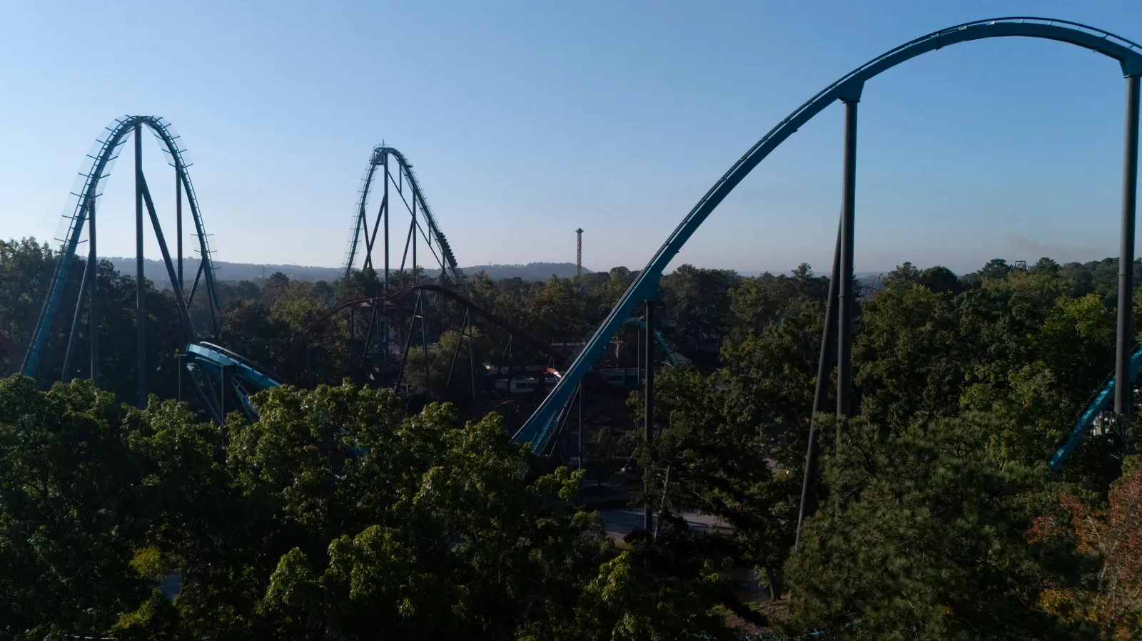 Attractions are seen at Six Flags Over Georgia on October 13, 2026. A man died when he was ejected from a ride on October 12.