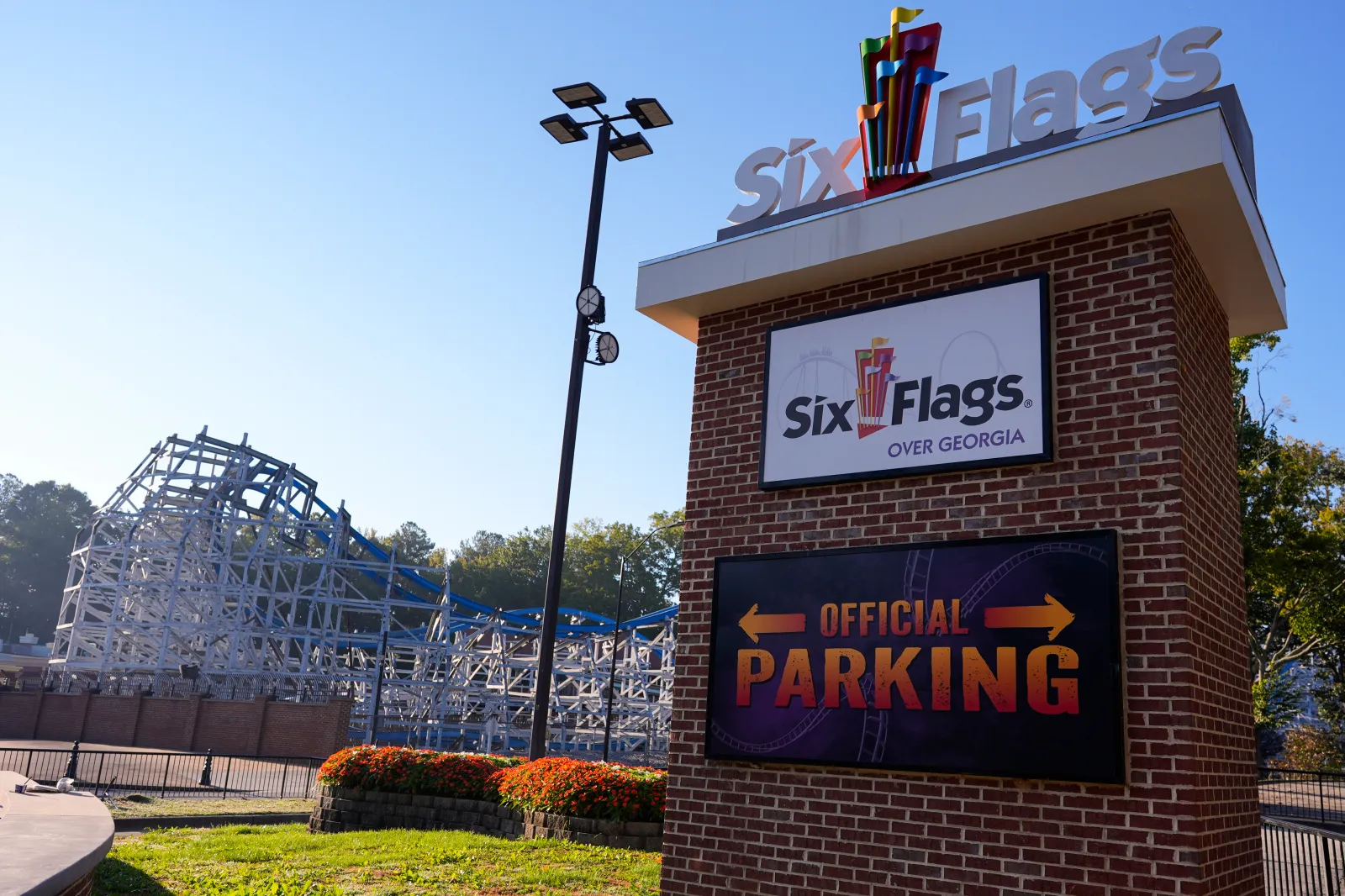 Six Flags Over Georgia amusement park. A guest was killed at the park after being ejected from a roller coaster on October 12, 2026.