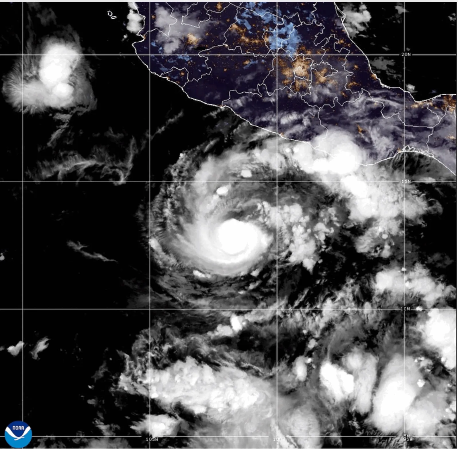 This GOES-19 GeoColor satellite image provided by the National Oceanic and Atmospheric Administration (NOAA) and taken on October 15 shows Hurricane Trudy in the Pacific. (NOAA via AP)