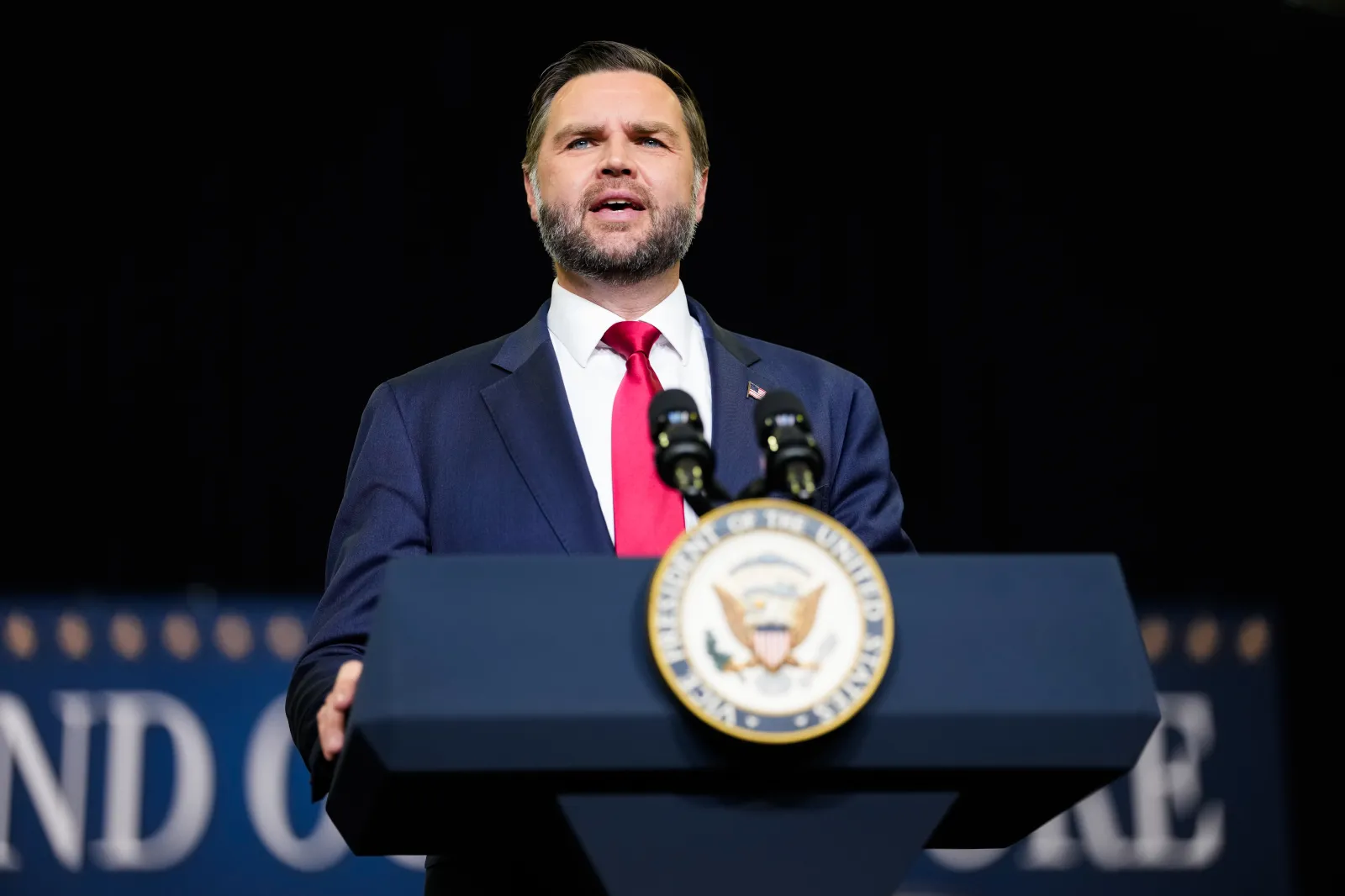 Vice President JD Vance speaks at a midterm campaign rally at the LevelUp Training Complex in Monroe, Michigan, on October 15.