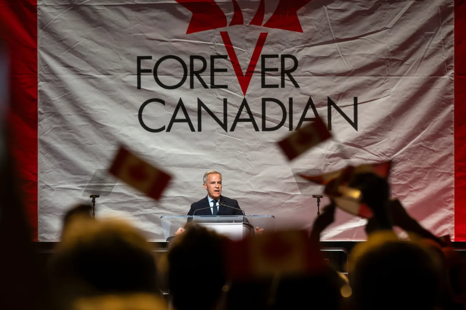 Canada's Prime Minister Mark Carney attends a Forever Canadian rally in Edmonton on October 16.