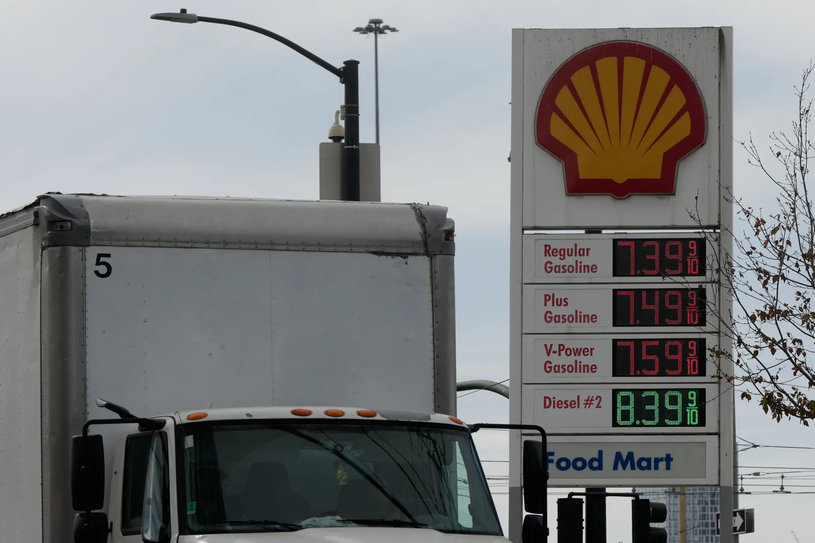 A truck drives past a fuel price board for gasoline and diesel at a gas station on October 20, 2026, in San Francisco.