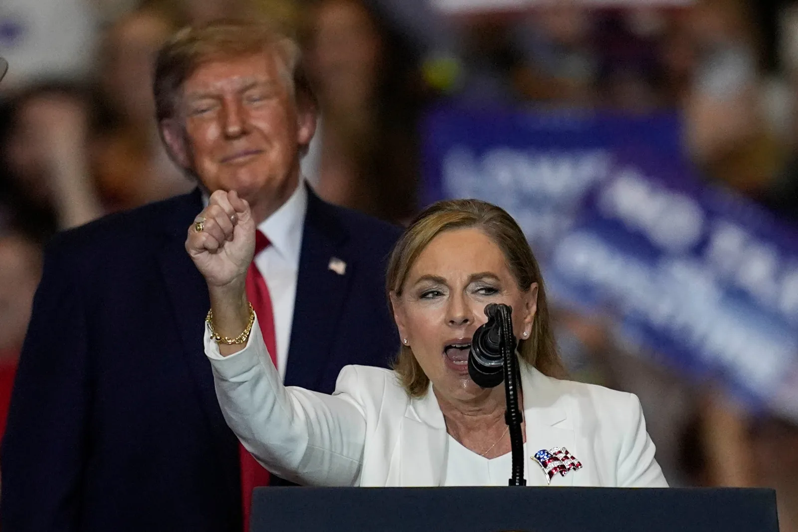Senator Darline Graham speaks as President Donald Trump looks on at a campaign rally at the T. Ed Garrison Livestock Arena and Expo Center on October 21, 2026, in Pendleton, South Carolina.