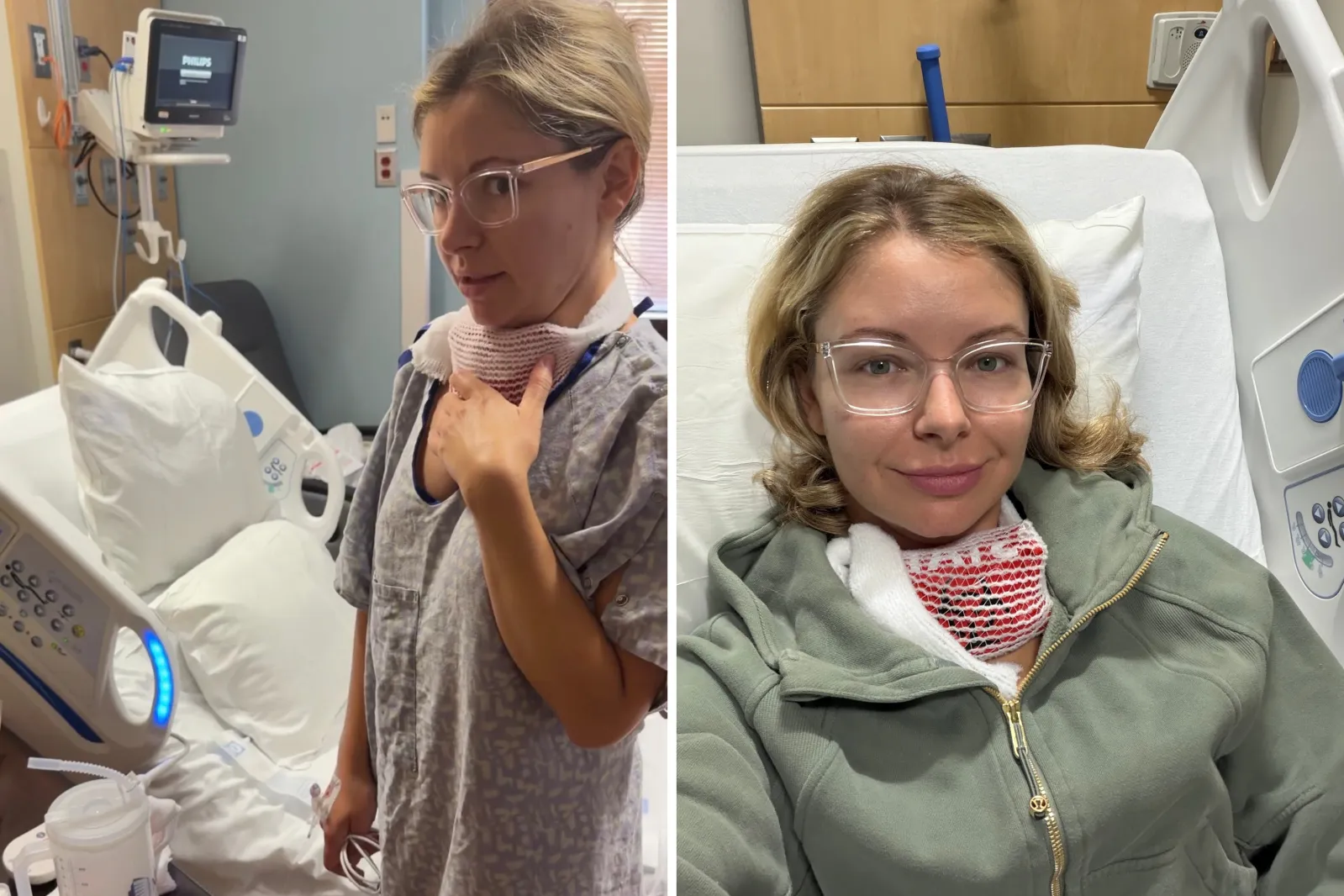 (L-R) Smith standing in a hospital room and lying in a bed with dressing around her neck.