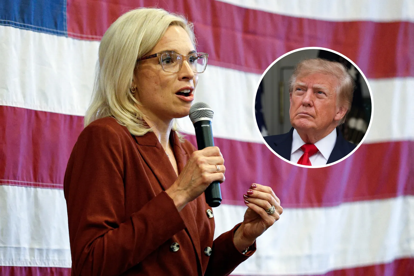 Senate candidate Ashley Hinson speaks during a campaign stop in Davenport, Iowa, on October 15, 2026. President Donald Trump (inset) is set to visit Iowa for a campaign rally.