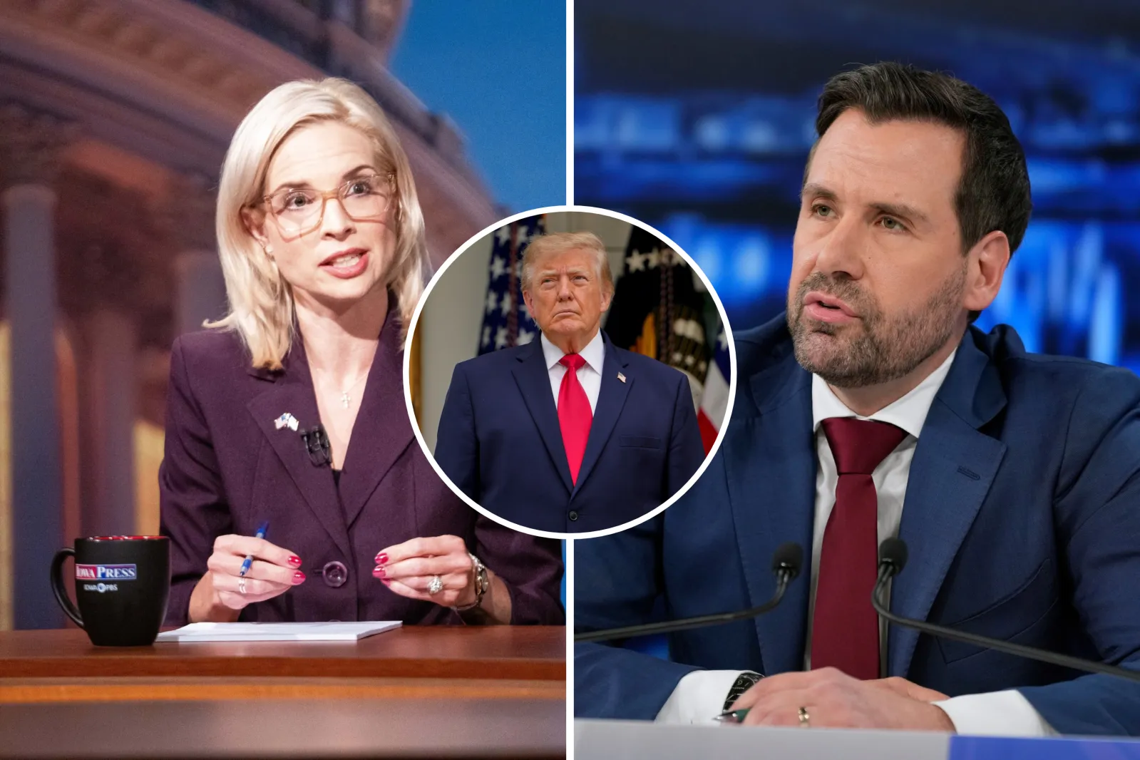 A composite image shows Ashley Hinson and Josh Turek at an Iowa U.S. Senate debate, with President Donald Trump pictured in the middle inset.