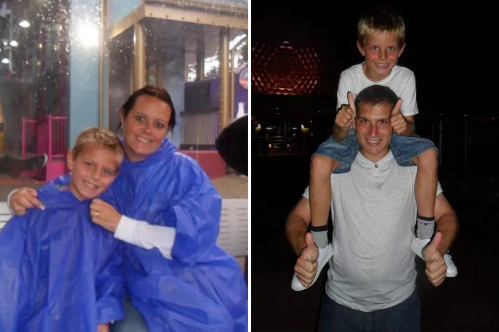 From left: Spencer Ali is pictured in childhood with his mother; and on his dad's back.