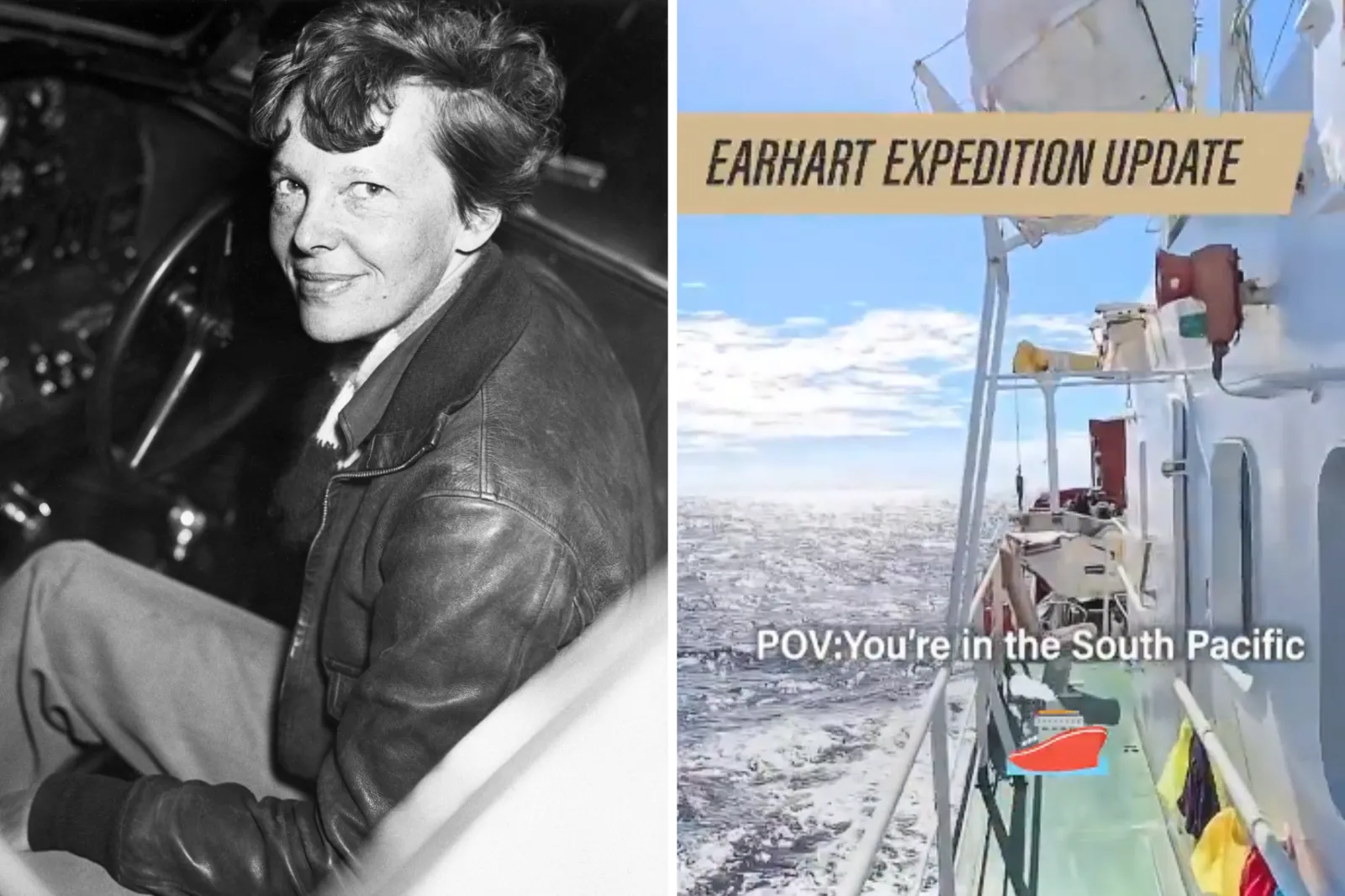 Left, Amelia Earhart smiles as she sits in the cockpit of an airplane. Right, a screenshot from the update shared by Purdue University.
