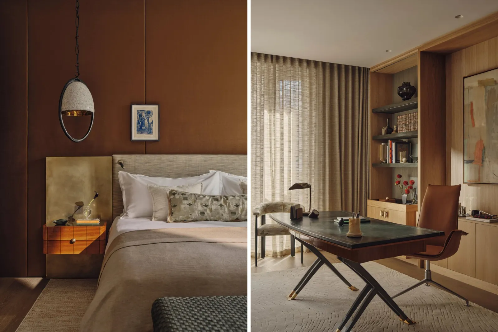 Images of a bedroom and office room in a showroom apartment of St. John's Wood Square, designed by Portia Fox.