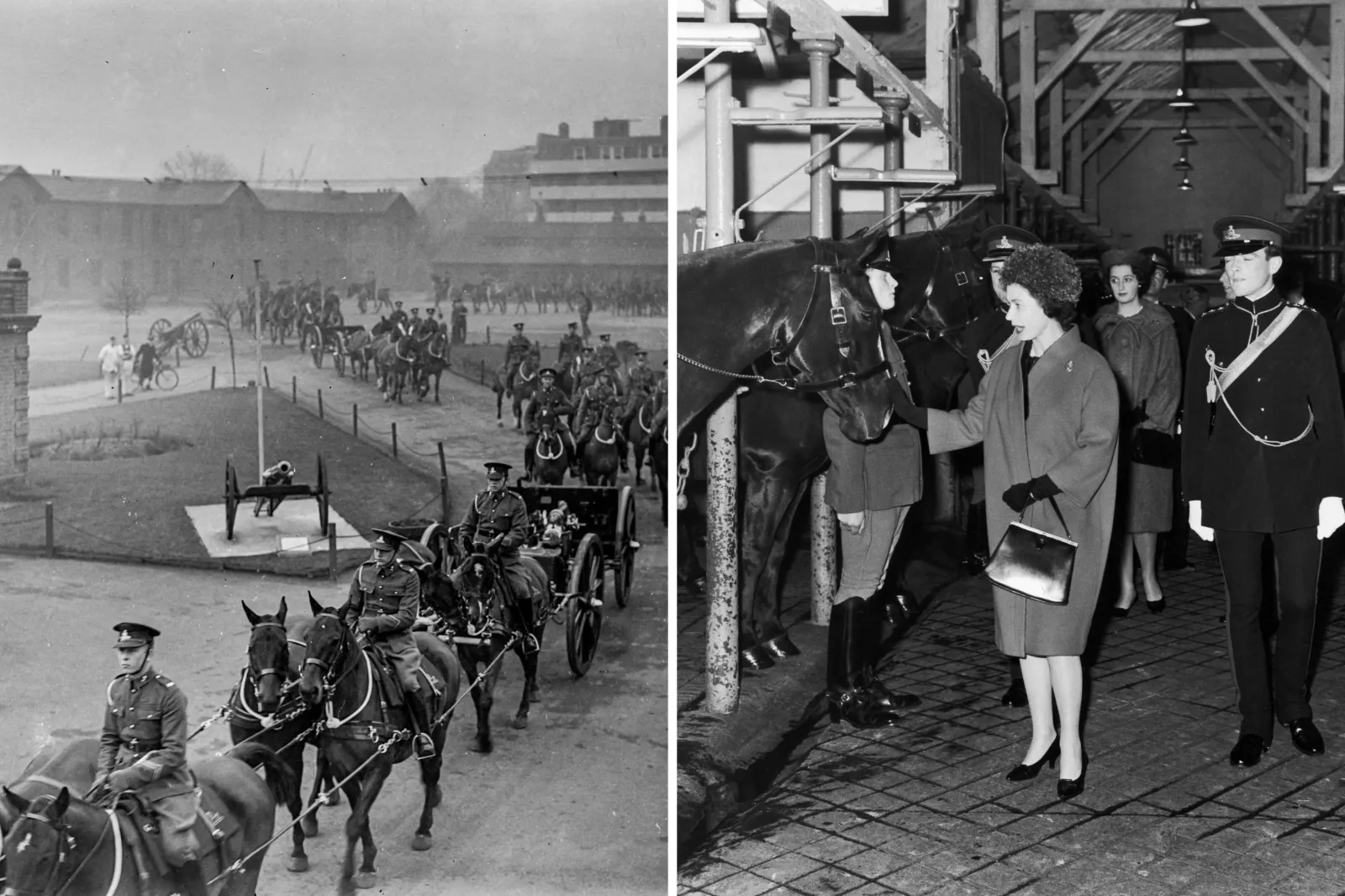 A procession by The King's Troop (left); Queen Elizabeth II visiting the St. John's Wood barracks.
