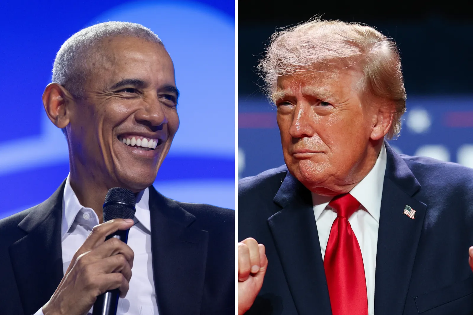 Former President Barack Obama moderates a conversation on December 05, 2024, in Chicago, Illinois. President Donald Trump attends a rally in San Antonio, Texas, on October 7, 2026.