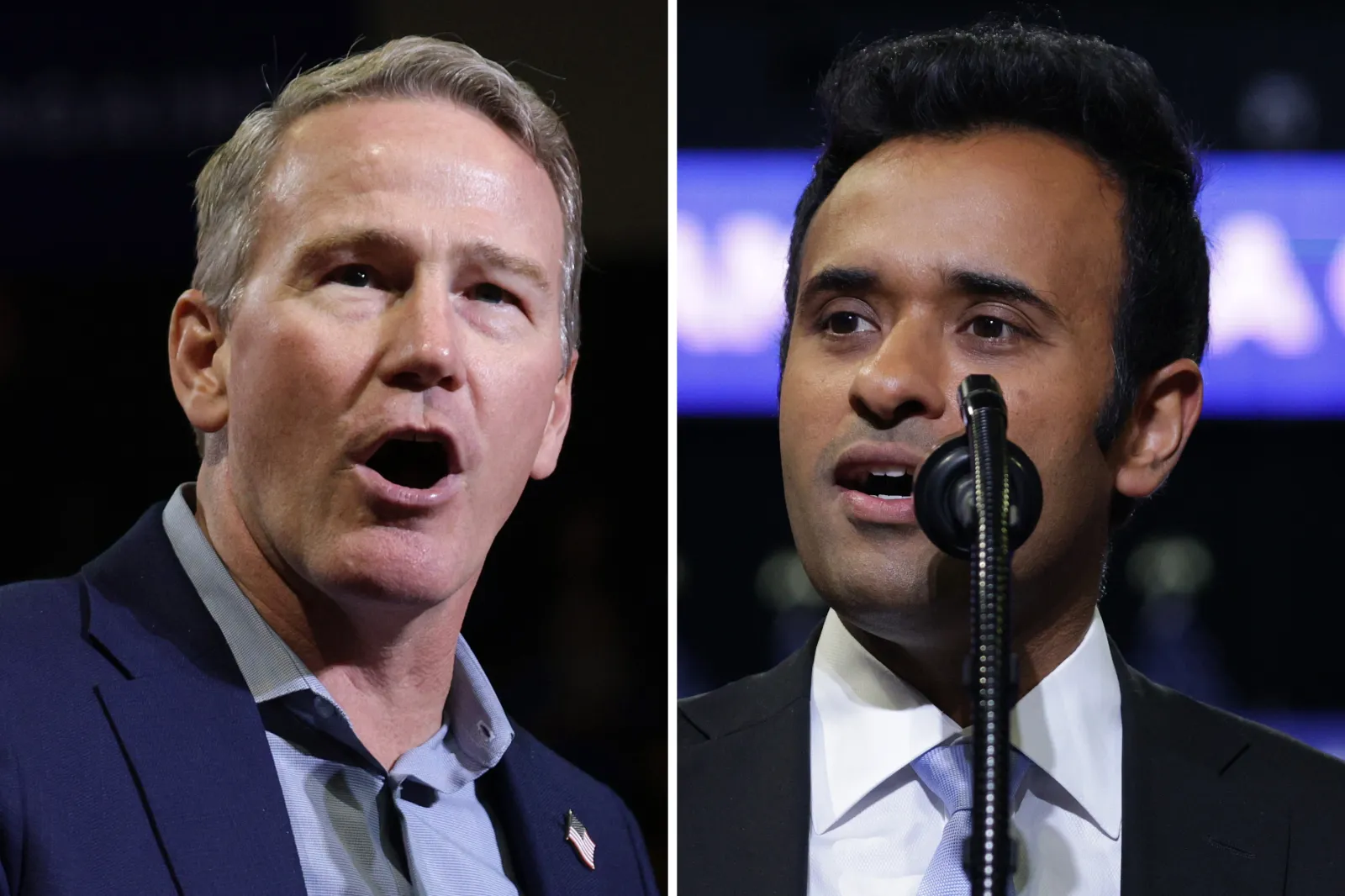 Left: Jon Husted during an election rally at the Covelli Centre on October 12, 2026, in Youngstown, Ohio. Right: Vivek Ramaswamy speaks at the Covelli Centre on October 12, 2026, in Youngstown, Ohio.