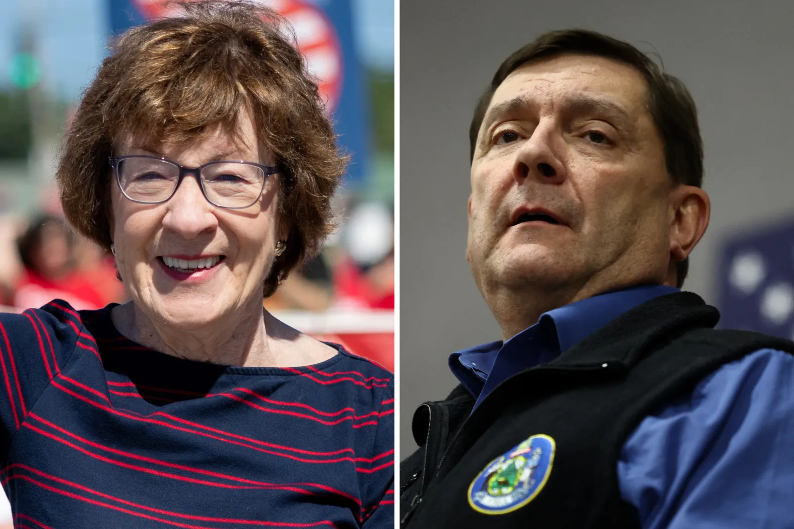 Senator Susan Collins walks in the annual Moxie Day Parade on July 11, 2026 in Lisbon, Maine. Troy Jackson speaks during a campaign rally in Biddeford, Maine on October 11, 2026.