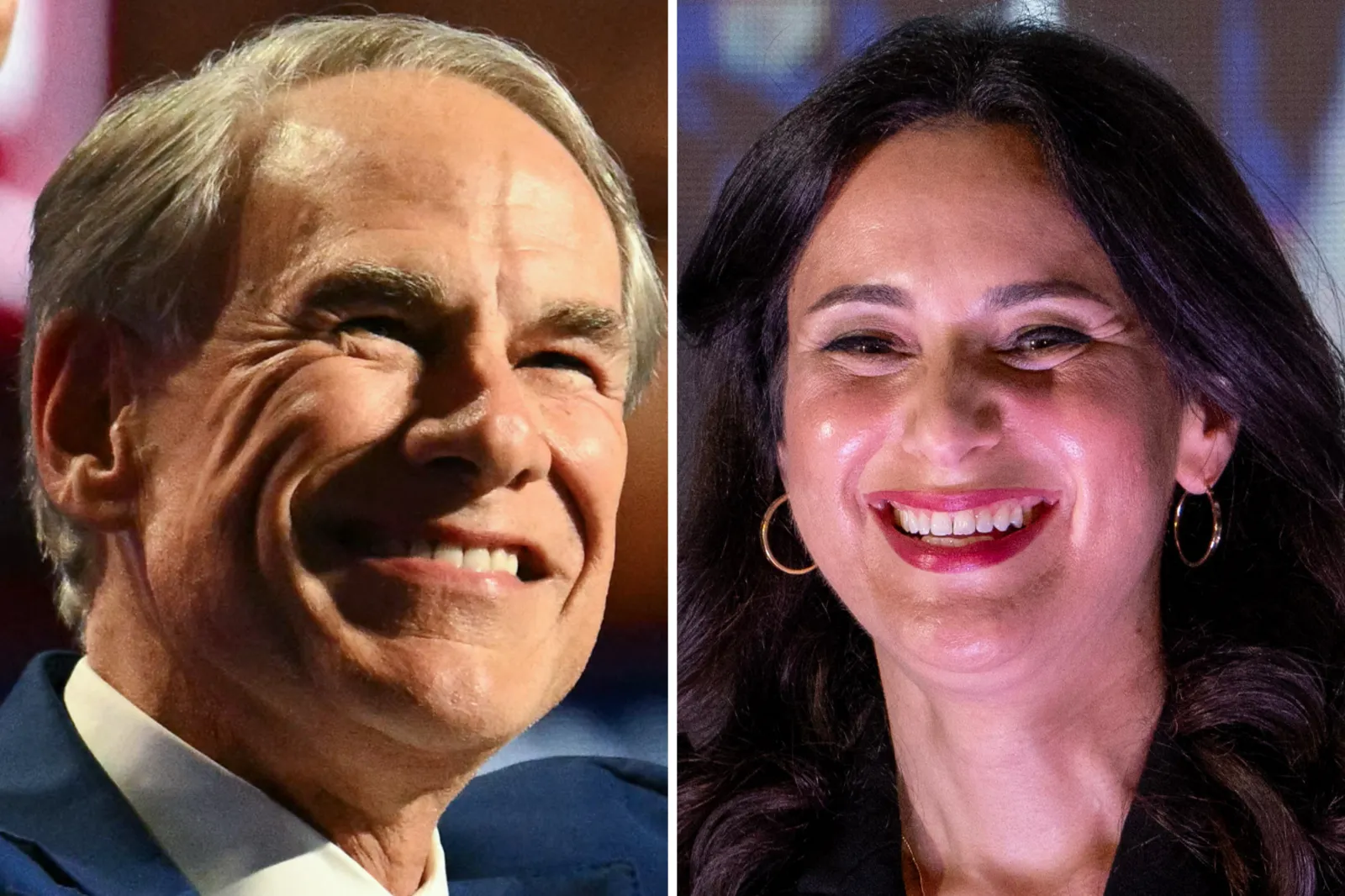 Left: Greg Abbott during the second day of the Republican National Committee midterm convention at the American Airlines Center in Dallas, Texas, on September 10, 2026. Right: Gina Hinojosa speaks during a campaign rally as part of the "New American Dream Tour" in Beeville, Texas, on August 22, 2026.