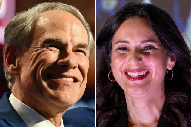 Left: Greg Abbott during the second day of the Republican National Committee midterm convention at the American Airlines Center in Dallas, Texas, on September 10, 2026. Right: Gina Hinojosa speaks during a campaign rally as part of the
