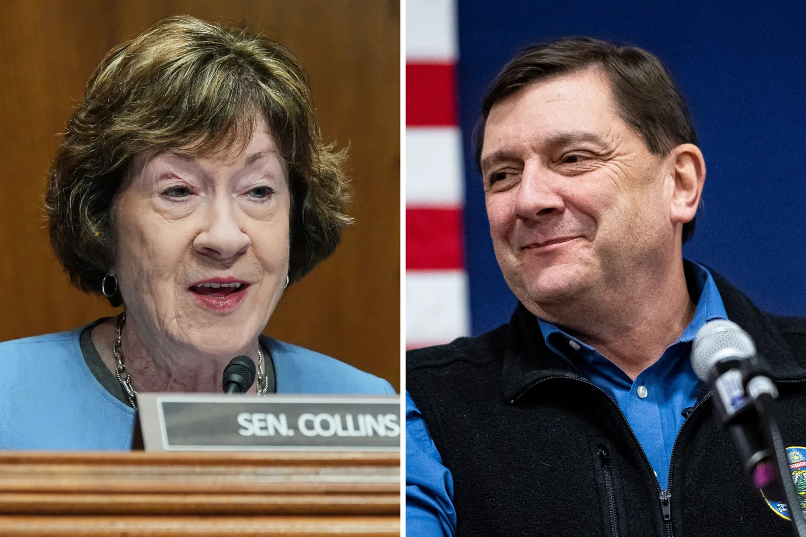 Senator Susan Collins speaks during a Senate hearing in Washington, D.C., on September 24, 2026. Troy Jackson attends a campaign event in Biddeford, Maine, on October 11, 2026.