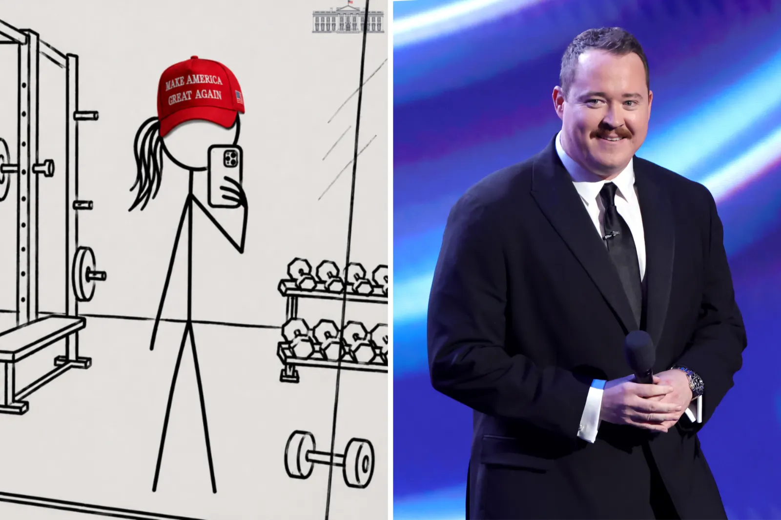 L: The image shared by the White House on X. R: Shane Gillis speaks onstage during the 2025 ESPY Awards at Dolby Theatre on July 16, 2025 in Hollywood, California.