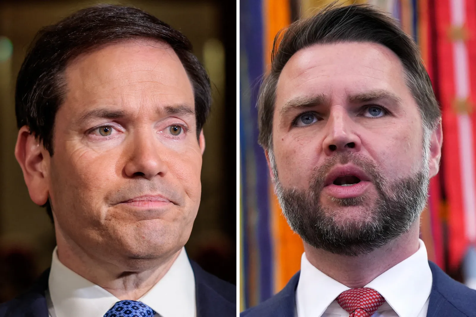 Left: Marco Rubio looks on upon his arrival at the Taj Mahal Palace Hotel in Mumbai on October 20, 2026. Right: JD Vance in the Oval Office of the White House on October 20, 2026 in Washington, DC.