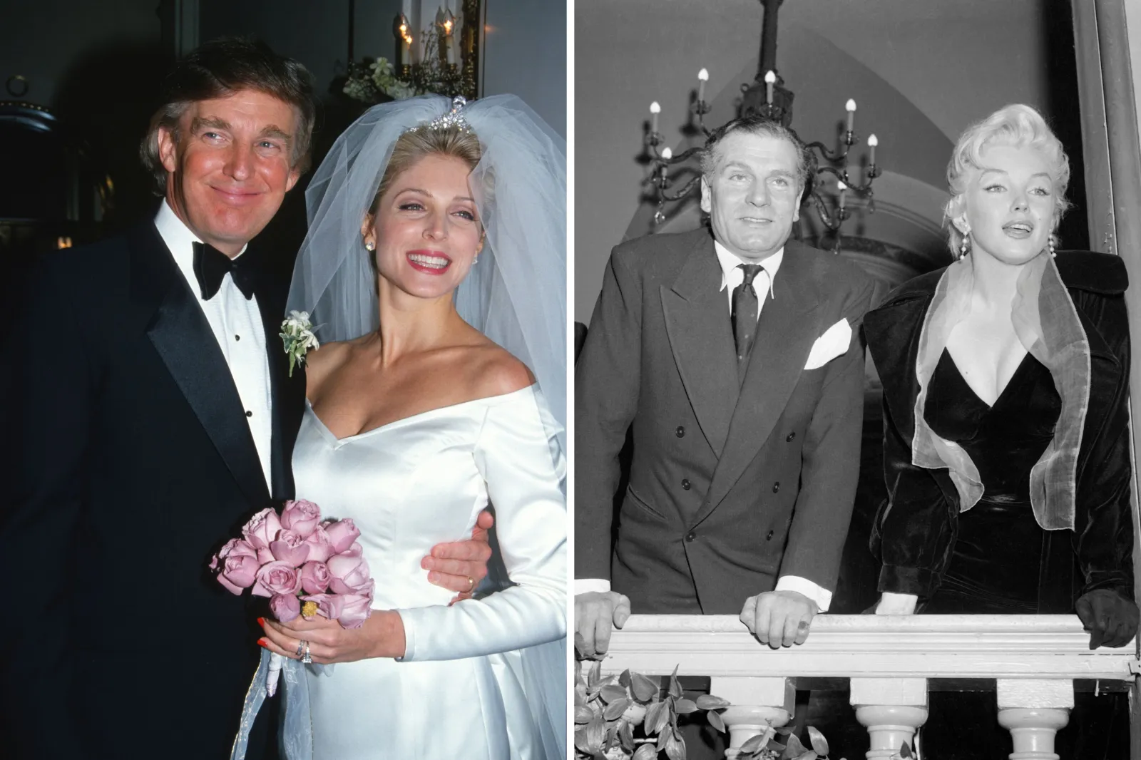 Donald Trump and Marla Maples posing on their wedding day in December 1993 at the Plaza Hotel (left); Marilyn Monroe and Lawrence Olivier on a balcony at the Plaza Hotel during a press conference in 1956 (right).
