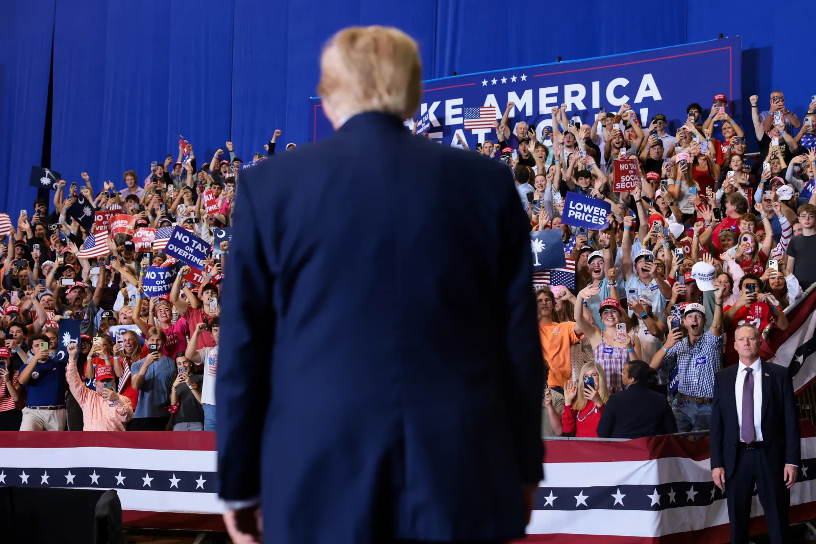 President Donald Trump arrives for a campaign rally at T. Ed Garrison Arena at Clemson University on October 21, 2026 in Pendleton, South Carolina.